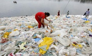 Plastic bags at river bank